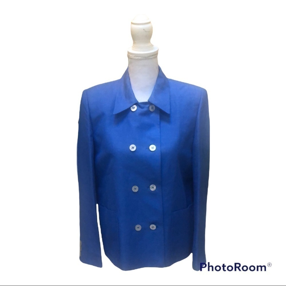 Vtg Y2K Giorgio Sant’Angelo Womens Blue Linen Blend Dble Breasted Blazer Size 8
